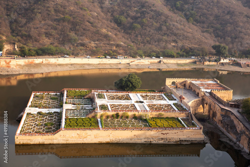 Kesar Kyari Gardens on Maotha Lake,  outside Ancient Amer fort of Jaipur, India photo