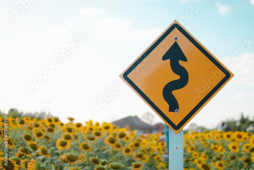 Traffic sign in sunflower garden. Travel concept