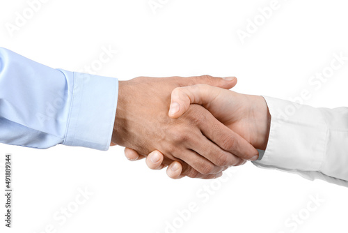 Business man shaking his partner's hand on white background
