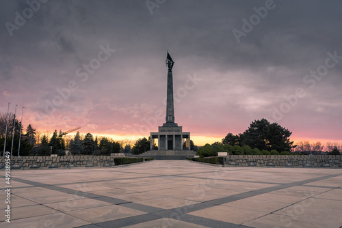 Amazing sunset over the Slavin memorial in Bratislava, Slovakia, reminiscent of soviet soldiers