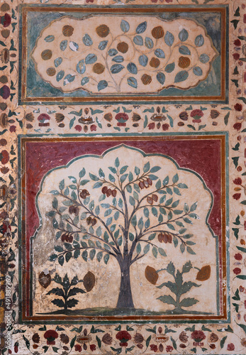 Intricate design in Sheesh Mahal of ancient Amer fort of Jaipur, India