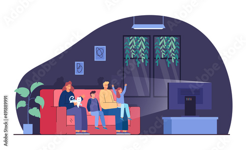 Happy family watching TV at night flat vector illustration. Mother, father, kids and cat sitting on sofa in living room. Watching television or movie, spending weekend together. Entertainment concept