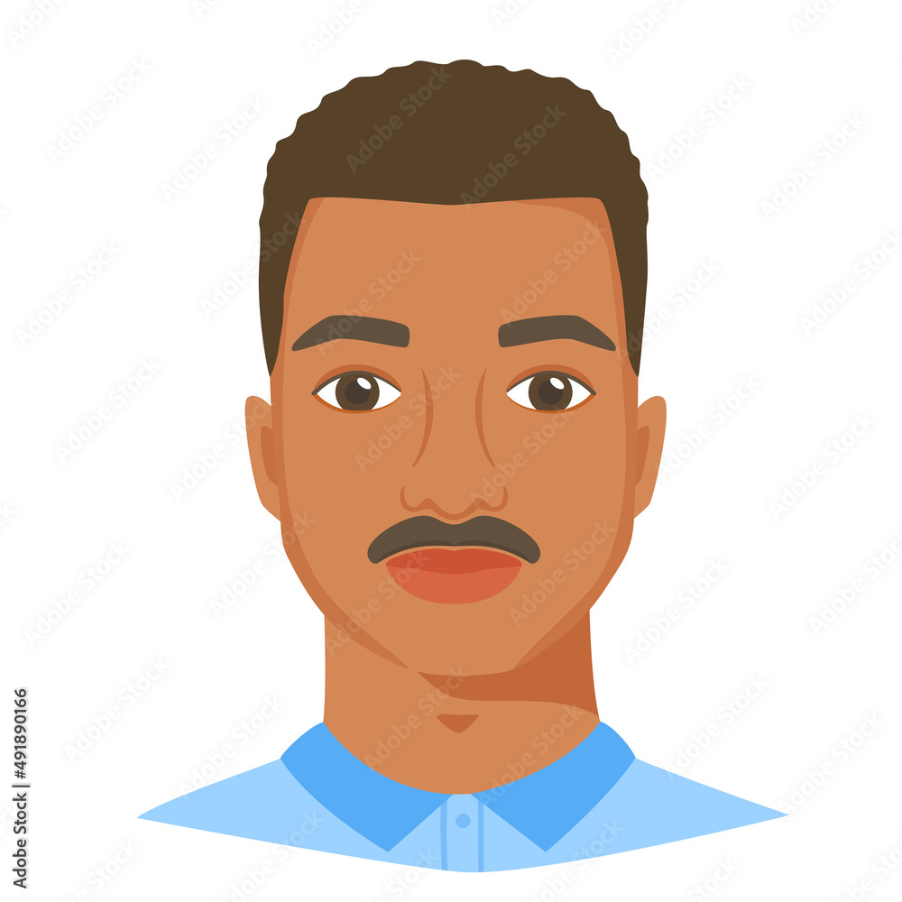 Young black man face with moustache. Male portrait or avatar in flat style. Front view. Vector