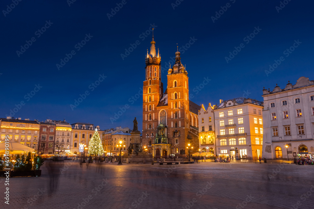 The St. Mary's Basilica in Rynek Glowny square at night, Krakow, Poland