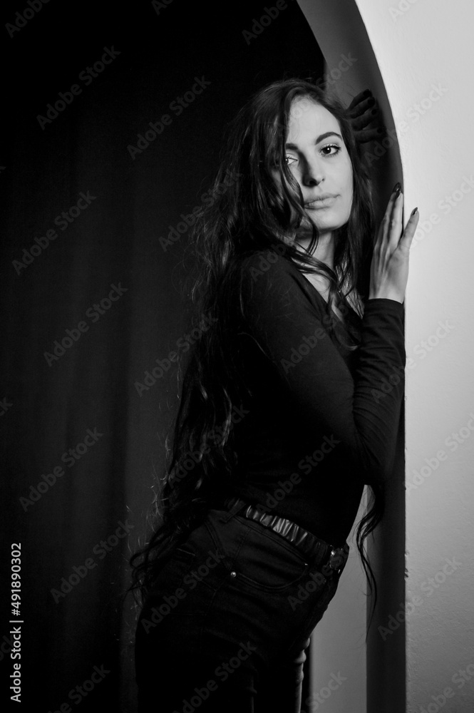Black and white portrait of a beautiful young Italian woman with very ...