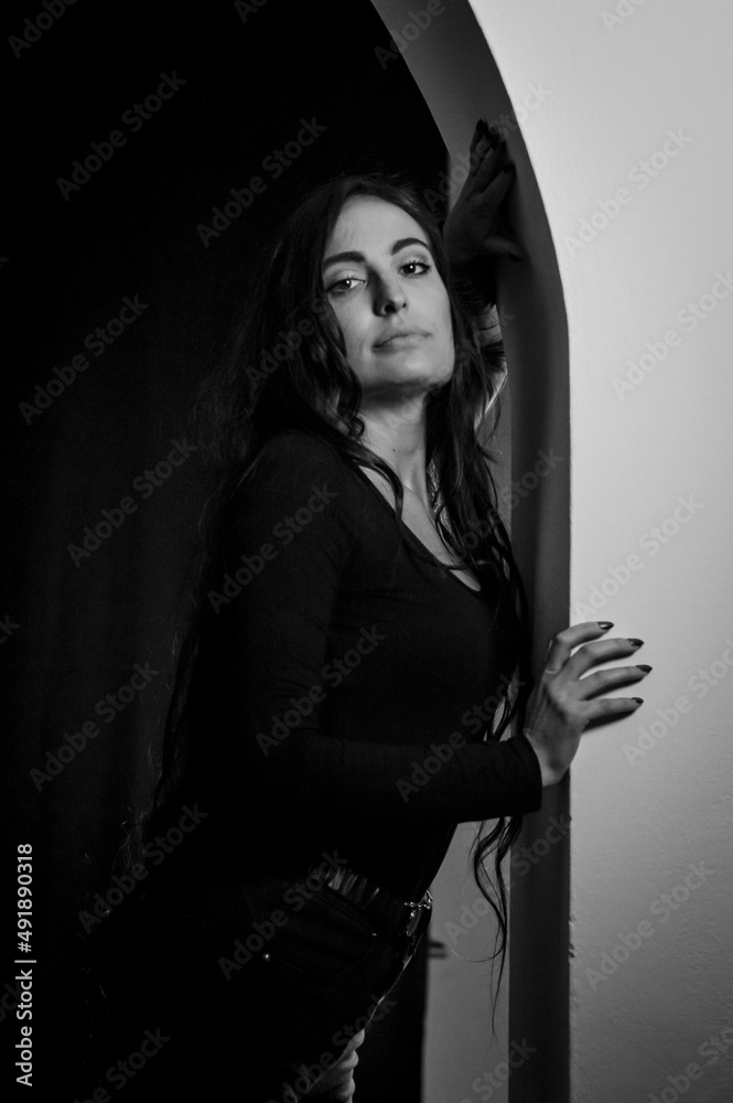 Black and white portrait of a beautiful young Italian woman with very ...