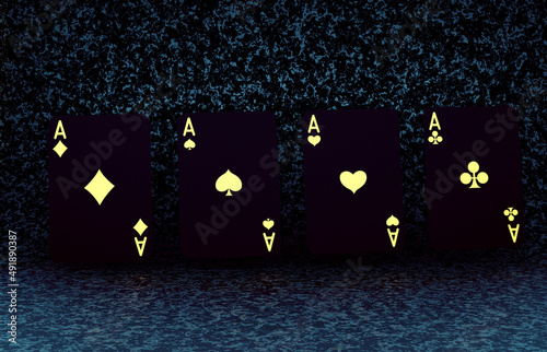 3d render aces play cards black and gold on dark abstract background. Gambling concept design. 3d rendering illustration. 