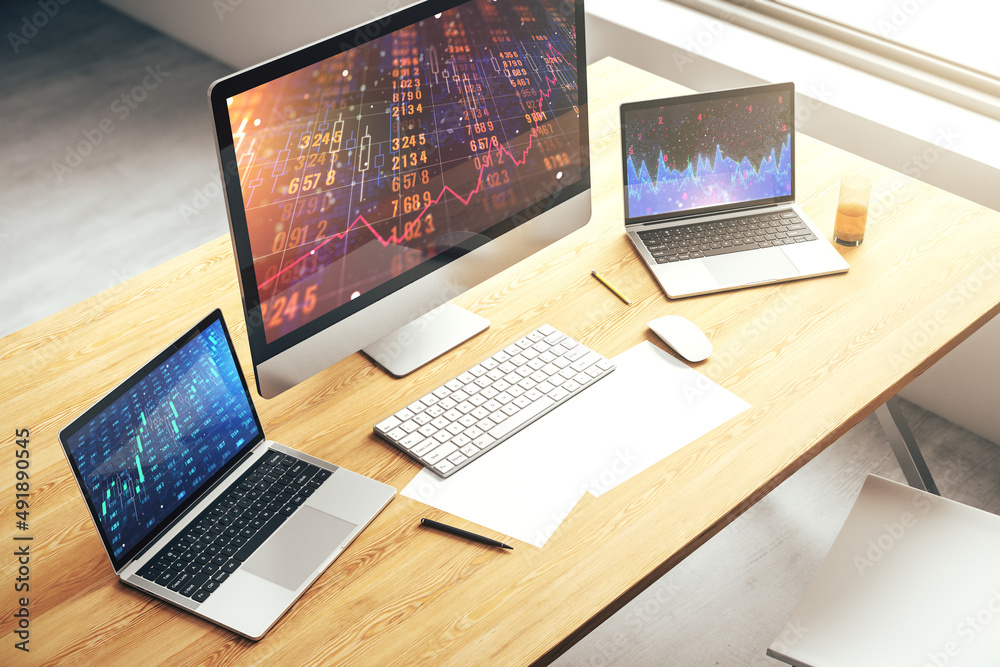 Stats data illustration on modern laptop monitor, computing and analytics concept. 3D Rendering Stats data illustration on modern laptop monitor, computing and analytics concept. 3D Rendering