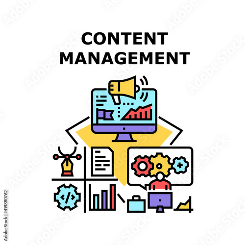 Content Management Vector Icon Concept. Content Management System Business Process, Online Advertising And Creation Promotion. Manager Working At Computer In Internet Color Illustration
