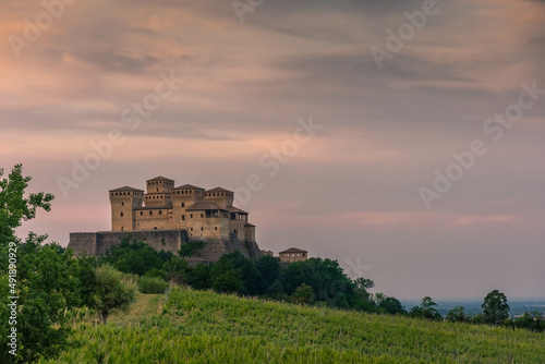 Beautiful sunset over castle of Torrechiara, Parma, Italy