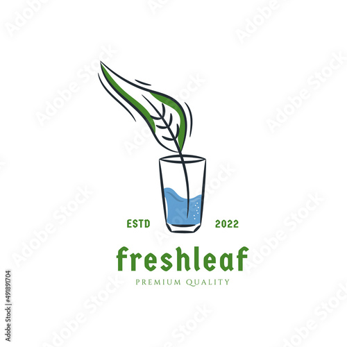 Fresh leaf in a glass of water logo design icon illustration hand drawn botanical drawing concept