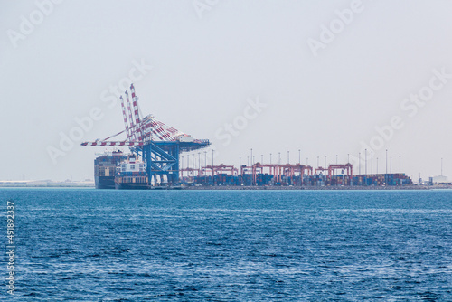 Ships and cranes in the port of Djibouti, capital of Djibouti.