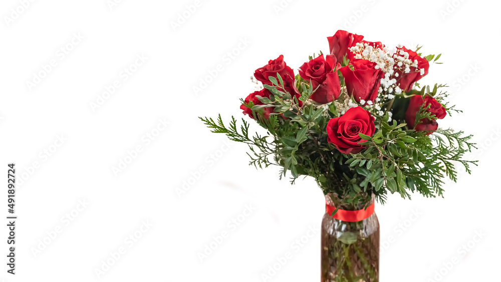 Red roses bouquet isolated on white background with copy space.