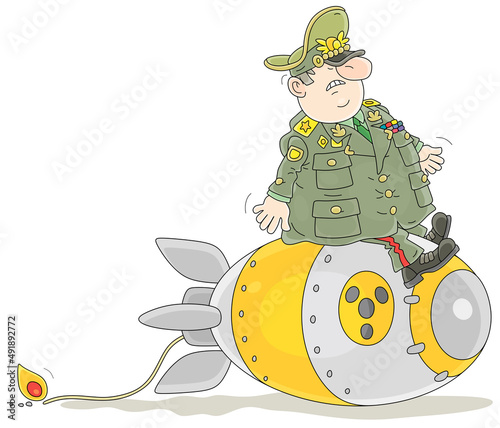 Canvastavla Fat and angry army general sitting on a big atomic bomb with a fizzing fuse, vec