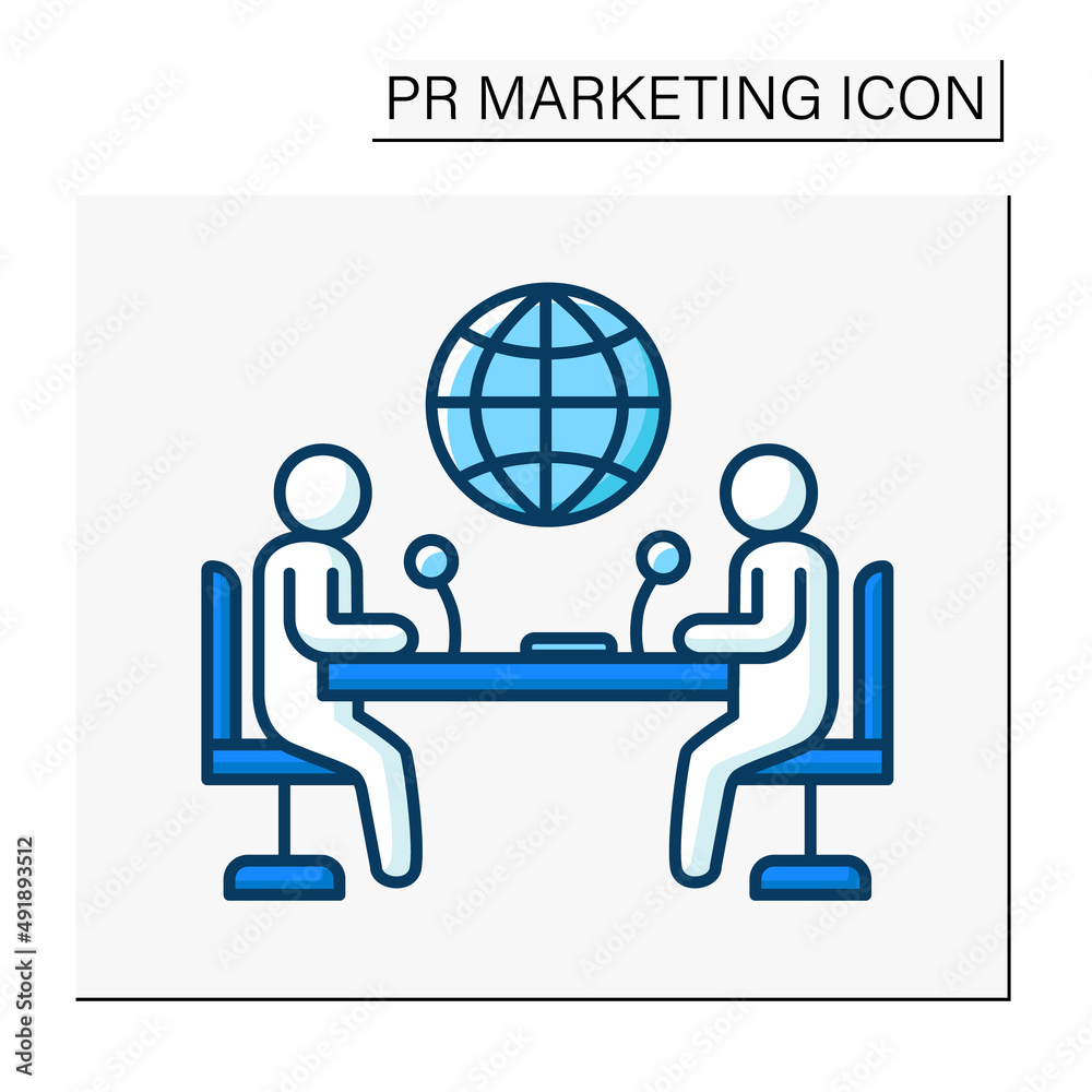 Interview color icon. Press conference. Two speakers speaking with microphones. Discussion. Distribution of information. Dialogue.PR marketing concept. Isolated vector illustrations Interview color icon. Press conference. Two speakers speaking with microphones. Discussion. Distribution of information. Dialogue.PR marketing concept. Isolated vector illustrations
