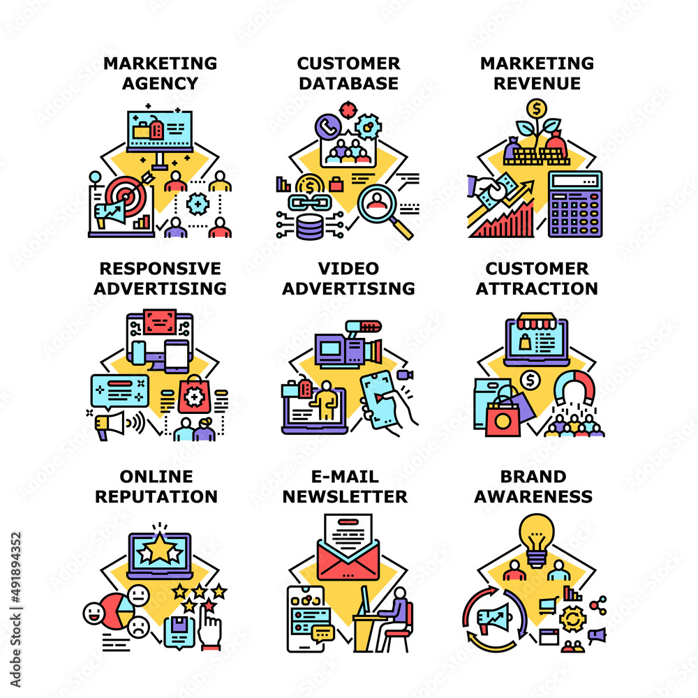 Marketing Agency Set Icons Vector Illustrations. Marketing Agency And Revenue, Customer Database And Attraction, Brand Awareness, Responsive And Video Advertising Color Illustrations