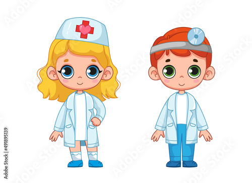 Cute boy in white doctor or nurse suit and girl set. Children's doctor. The concept of choosing a profession by children. Vector illustration of a character in cartoon style. Isolated funny clipart.