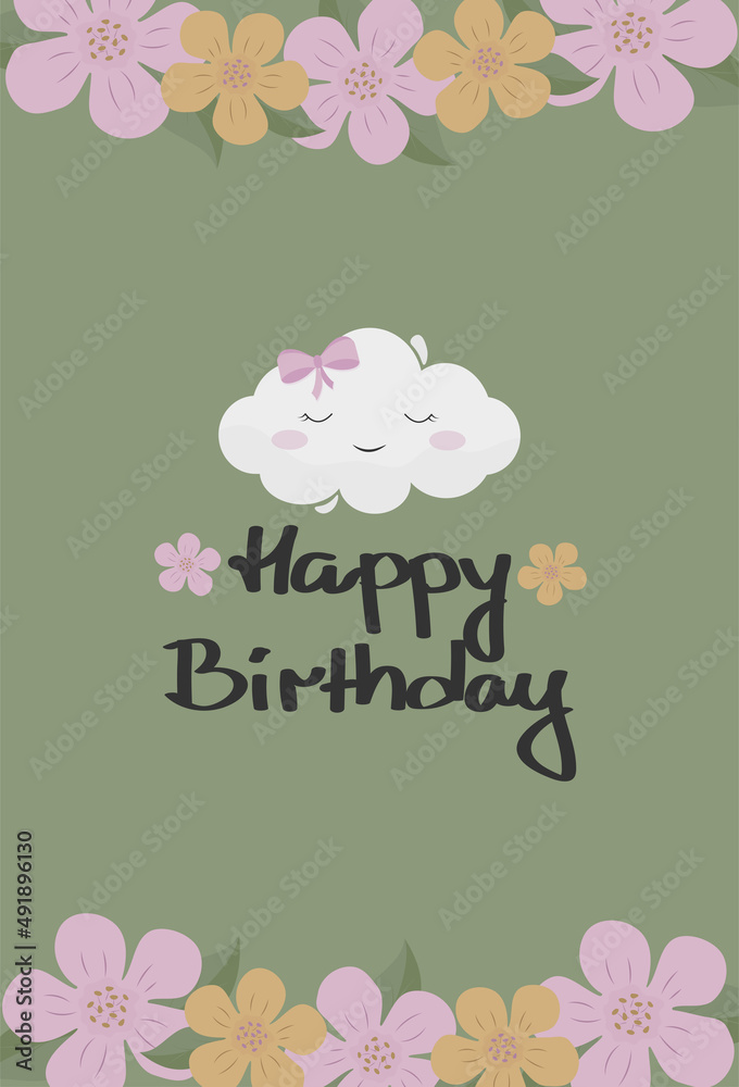 Kids Birthday Card with Flowers and Cloud Character, Vector Illustration