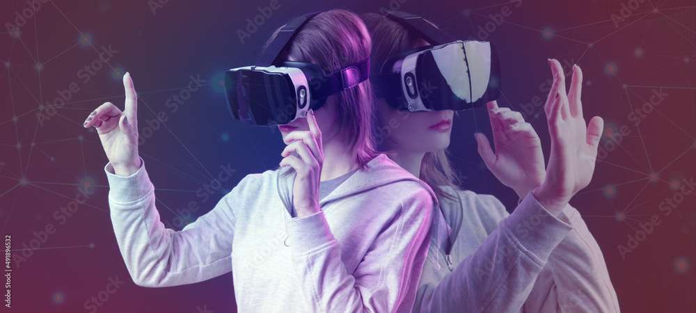 Portrait of woman with VR glasses. Virtual reality experience and future technology concept. 