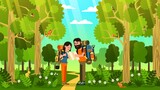 Couple of tourists with backpacks are watching map in the forest among trees. Hikers man and woman. Vector image.