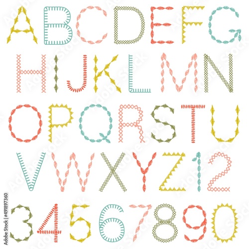 hand stitched vector colorful alphabet font