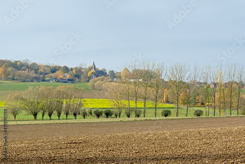  Flemish ardennes landscape, with farm fields, pollarded willow trees and a small church of he village of Onkerzele on the hilltop. Flanders, Belgium  photo