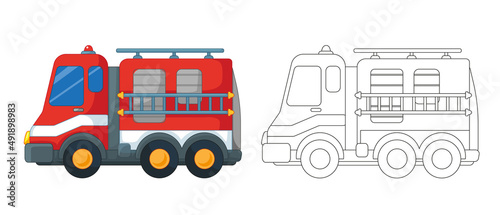 Red fire truck with outline and coloring book set. Vector illustration in cartoon childish style. Isolated funny clipart on white background. Cute fire transport print.
