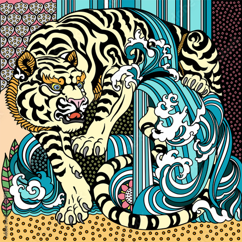 White tiger, stylized peaceful big cat. Celestial feng shui animal. Graphic style vector illustration