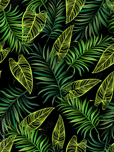 Seamless tropical vector pattern with tropical plants and palm leaves. Vector summer background.Stock vector ESP 10