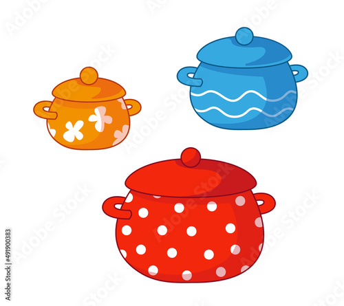 A set of multi-colored cooking pots. Vector illustration in cartoon childish style. Isolated funny clipart on white background. cute print.