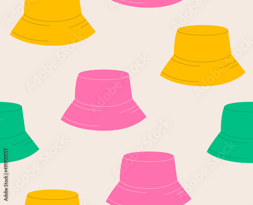 Cute seamless pattern with panama hats. Colorful vector background. Accessories illustration with bucket hats
