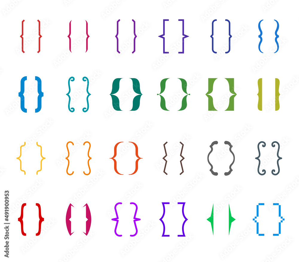 Different curly braces colored icon set. Modern and vintage brackets lines and symbol collection for typing or typography. Ornament and vector eps design elements concept for messages and quotes