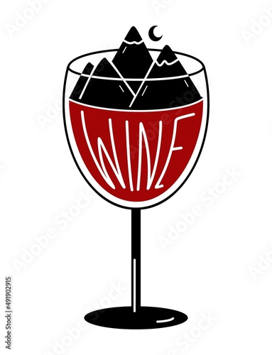 Wine and mountains in a glass with lettering text. Vector illustration isolated on a white background