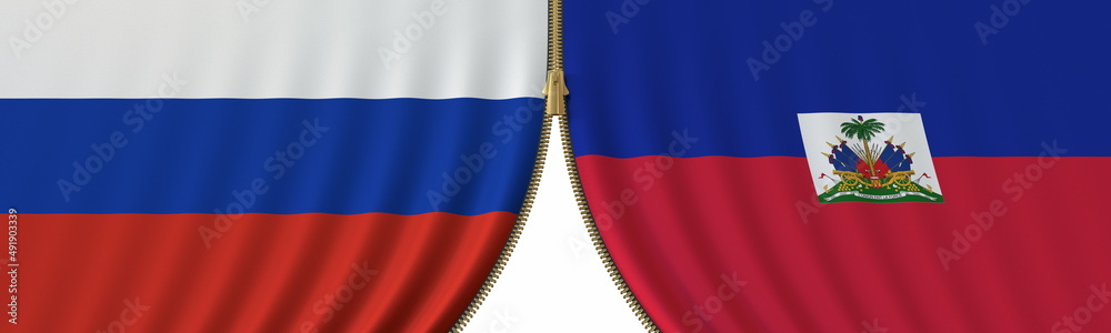 Russia and Haiti political cooperation or conflict, flags and closing or opening zipper, conceptual 3D rendering Russia and Haiti political cooperation or conflict, flags and closing or opening zipper, conceptual 3D rendering