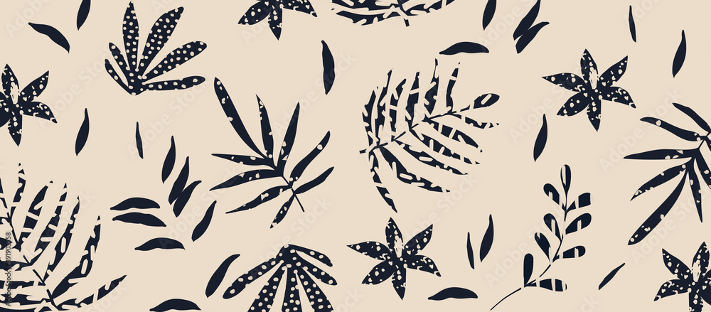 Fototapeta premium Minimal, botanical poster with branches, flowers and leaves vector illustration. Contemporary, abstract, nature inspired design for background, wallpaper, card, wall art, fabric
