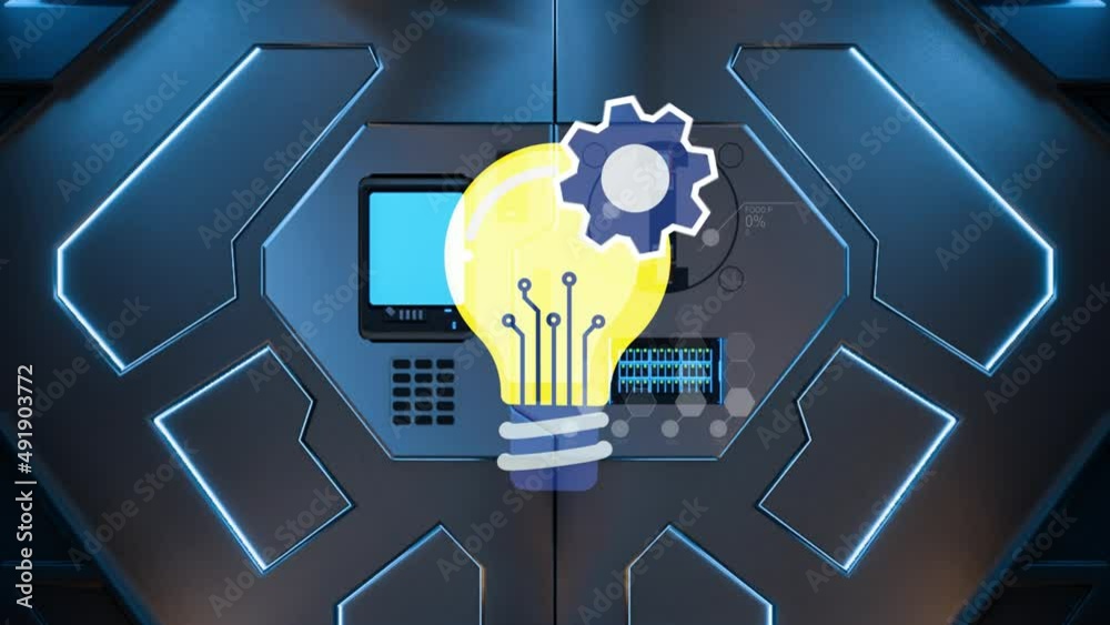 Video animación 2D. Tema innovación, ideas y tecnología aplicado a la inteligencia artificial. Contiene el titulo Innovation