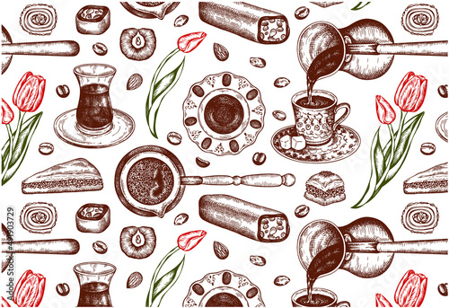 Sketch drawing pattern of sweet Turkish desserts, coffee and red tulips on white background. Line art pistachio baklava, engraved oriental sweets, menu, Turkish delight wallpaper. Vector illustration.