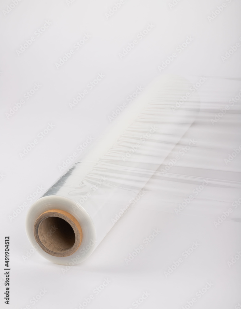 Roll of plastic stretch film with clear wrap. how long the roll of