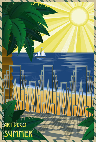 Summer seafront art deco card,vector illustration