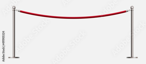 Barricade realistic red rope. Realistic metal barrier for belt control isolated on white background.