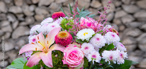 Mothers Day Bouquet of colorful flowers isolated on gray background.
