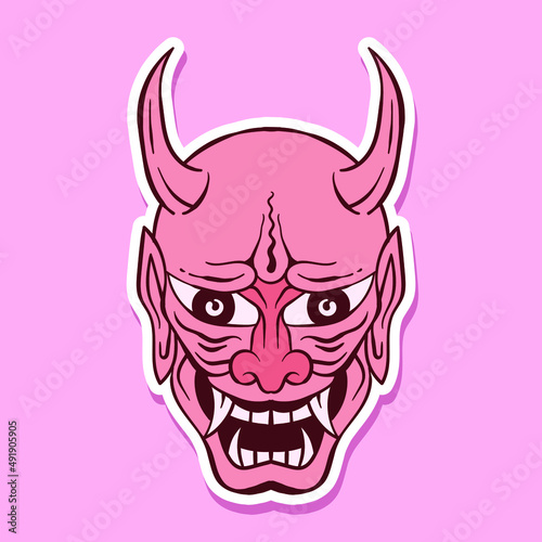 hand drawn pink japanese demon mask doodle illustration for stickers etc