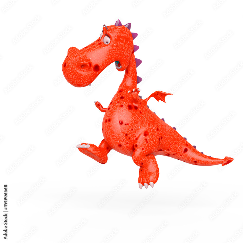 baby dragon is jumping and looking down because he is afraid on white background with copy space baby dragon is jumping and looking down because he is afraid on white background with copy space