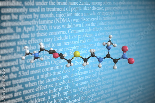 Ranitidine scientific molecular model, 3D rendering photo