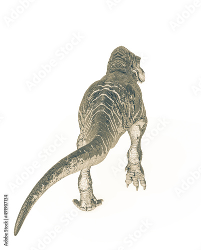 tyrannosaurus rex is walking like a king in white background top rear view