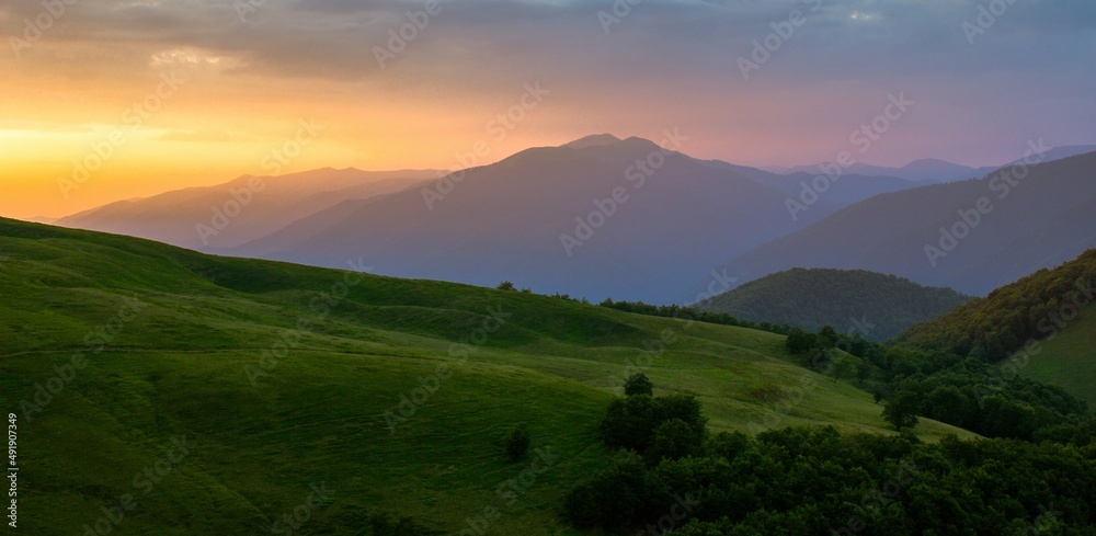  scenic summer dawn in the mountains,  picturesque morning scenery, Europe, Carpathian national park, Ukraine