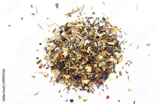 Herbal tea on a white background. Top view.