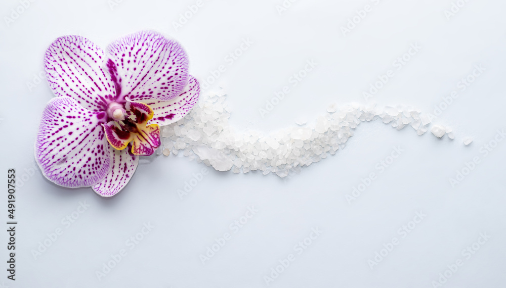 purple orchid flower on light blue background and sea salt. spa and skincare concept. relax, meditation mood. natural. mineral grains, wellnes.space for text. sea salt arranged wave shape. - obrazy, fototapety, plakaty 