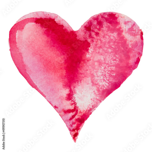 Watercolor painted pink heart, on the white watercolor paper.
