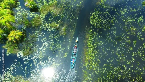 Top down shot of boat on Amansuri Lake in Ghana